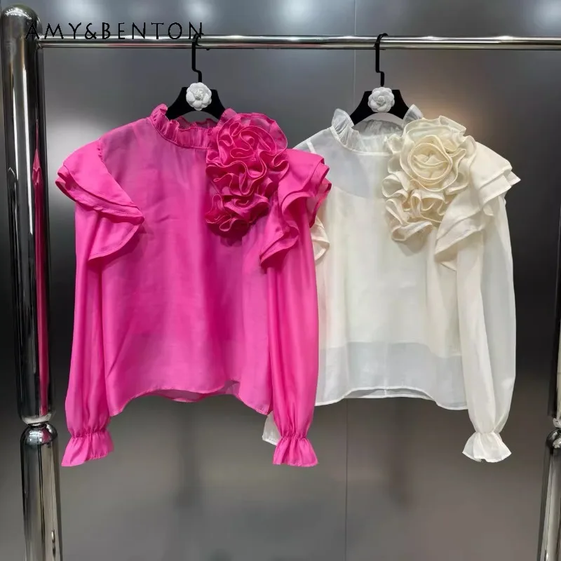 2024 Spring Stand Collar Long Sleeved Blouse Ruffled Three-Dimensional Big Flower with Sling Women's Temperament Two Pieces Sets 2023 new style temperament shorts set women s summer small short pair with good tall and fashionable small sling three piece set