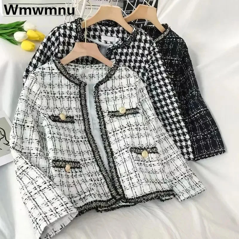 

Womens Vintage Plaid Tweed Jackets Korean Fashion Short Coats Loose Office Lady Spring Fall Chaquetas Chic Elegant Tops Outwear