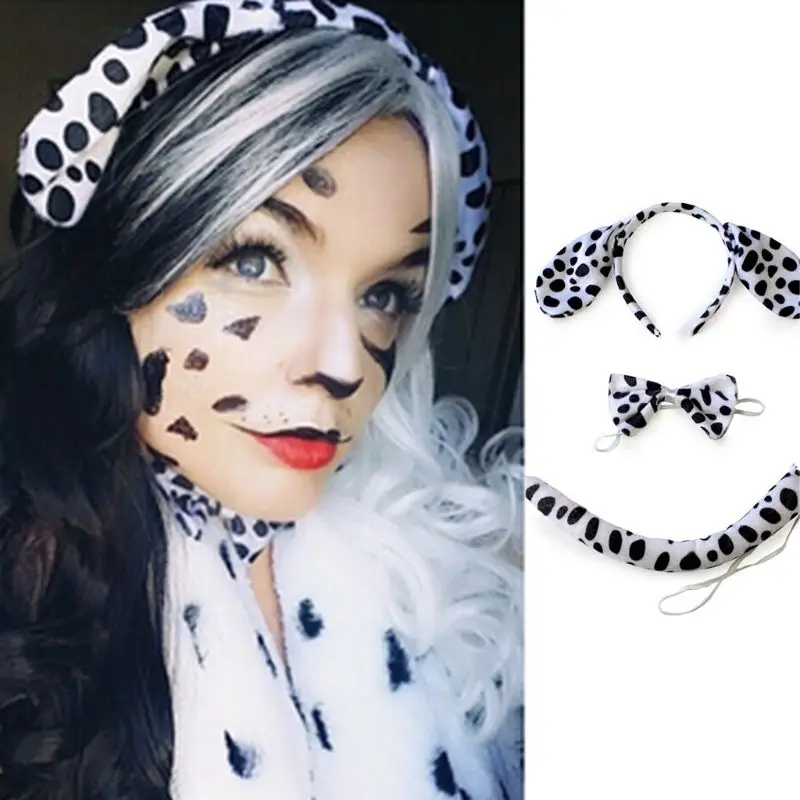 Mascot Costume Cute Animals Cosplay Sets Kids Adult Dalmatian Spotty Dog Ears Headband Plush Tail Bowtie for Halloween