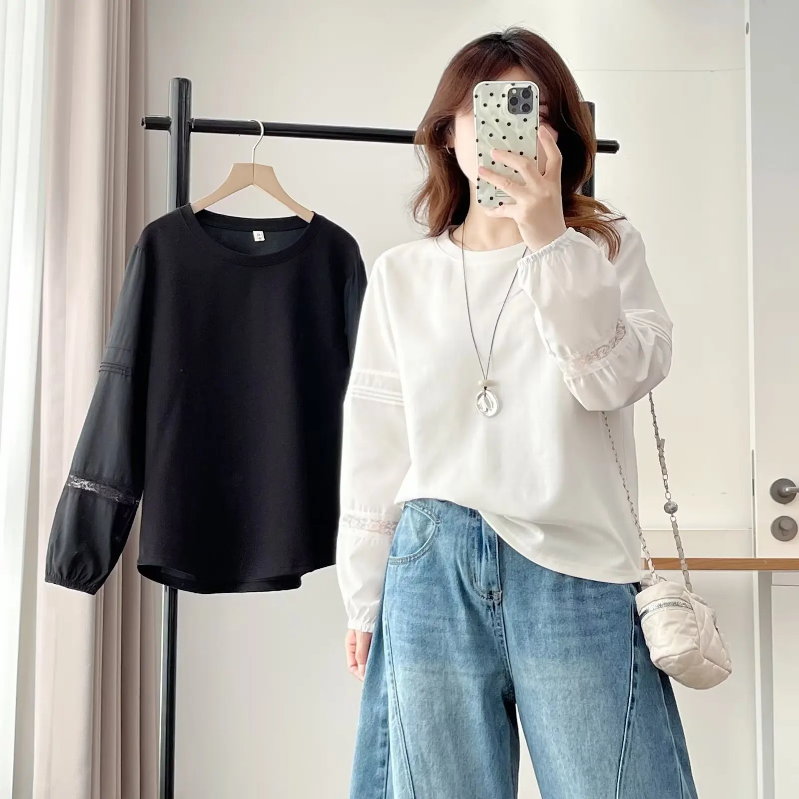 Fashion Plus Size Women's T-Shirt Autumn New Style Stylish Design And Lace Patchwork Sleeves Tops 2528