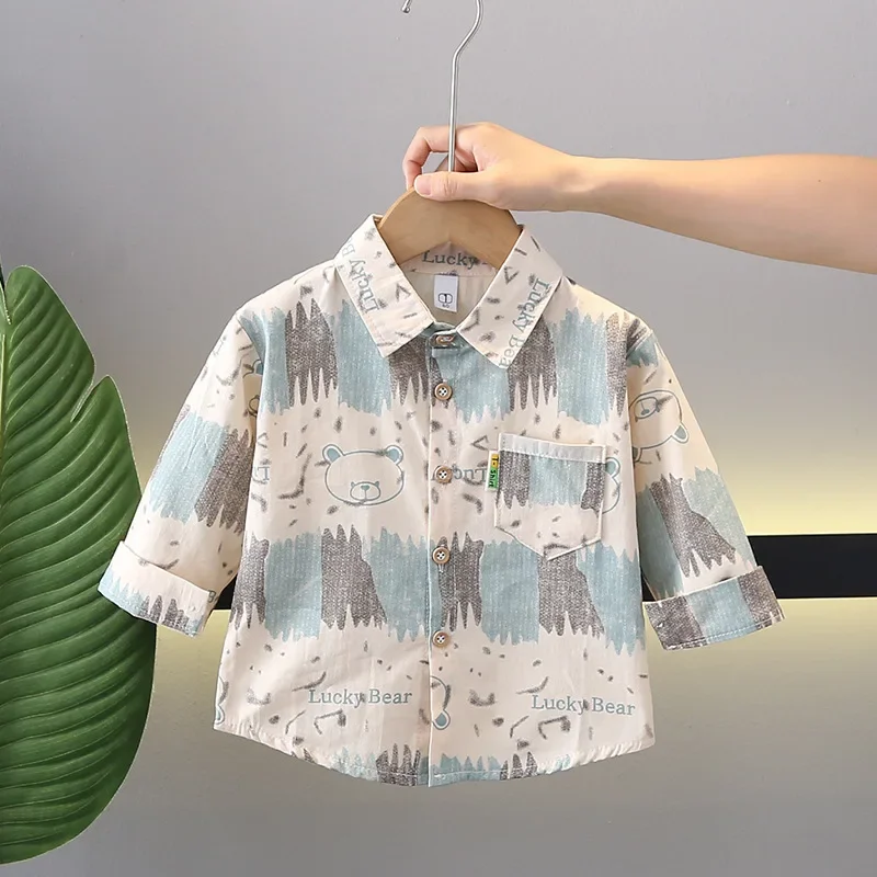 Spring Autumn Boys' Shirt A- Class Cotton Breathable Casual Long Sleeve Collar Open Cardigan Children's Clothing