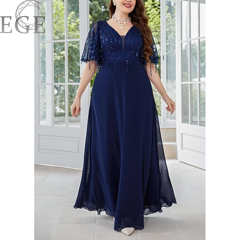 V Neck Royal Blue Sequins Shiny Plus Size Wedding Dress 5XL6XL Plus Size  Women's Chiffon MAXI Party Banquet Short Sleeve Dresses - AliExpress