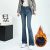 2025 Classic Winter Female Casual Solid Jeans Girls Retro Plush Thicken Flared Pants Lady High Waist Thin Fleece Trousers