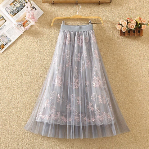 Skirts Woman Skirts 2021 Shopping  style Fashion Elastic Waist Embroidery Floral Mesh Skirt Long Gauze Ball Gown Beige Girl Student white pleated skirt