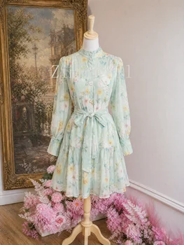 Abito da sera vintage elegante francese da donna, mini abito con maniche a lanterna, collo alto, monopetto, stampato, per vacanze e feste