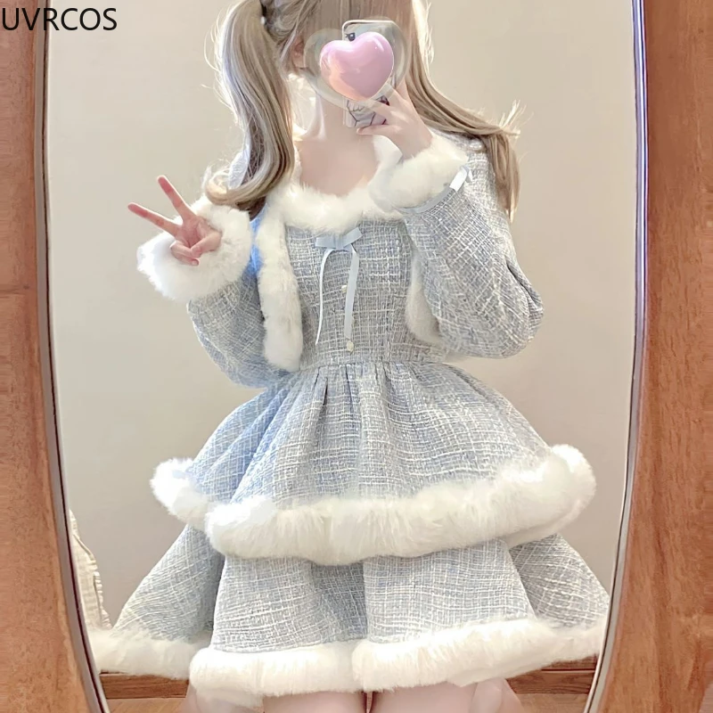 Korean Style Elegant Tweed Plaid Dress Sets Women Plush Patchwork Short Woolen Jackets Sexy Bow Mini Skirt Japanese Fashion Suit 3