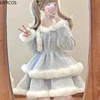 Korean Style Elegant Tweed Plaid Dress Sets Women Plush Patchwork Short Woolen Jackets Sexy Bow Mini Skirt Japanese Fashion Suit 3