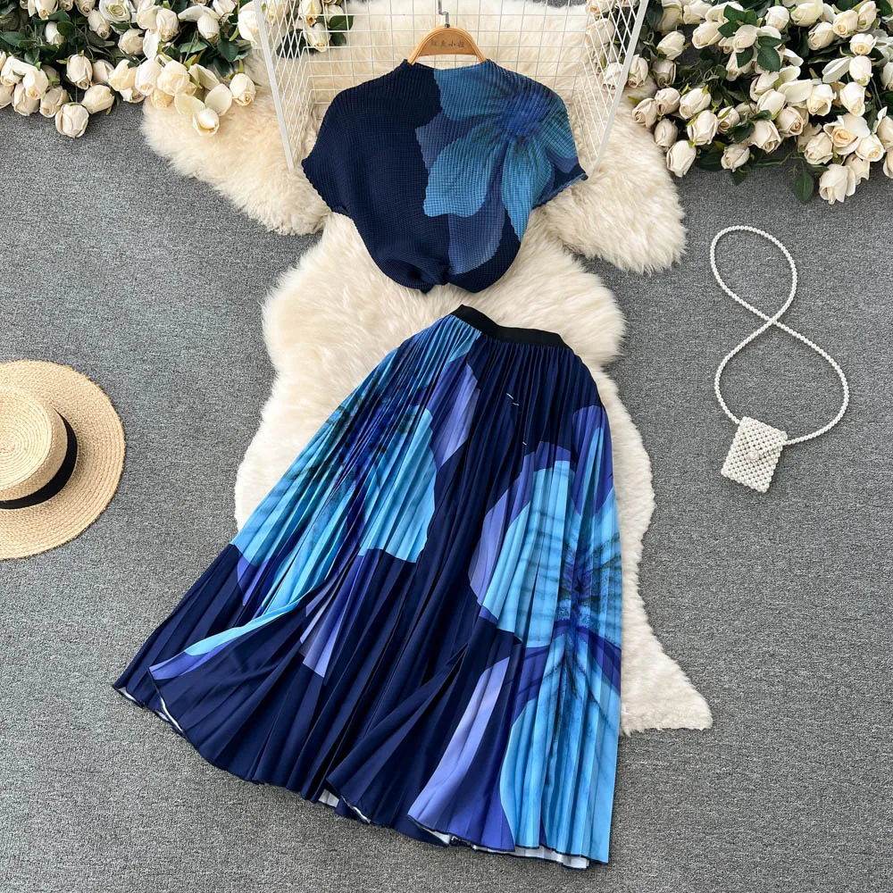 

Women's Spring Summer Runway Fashion Flower Print Top Pleated 2 pcs Set Dress Female Chic Travel Party Dress TB1435