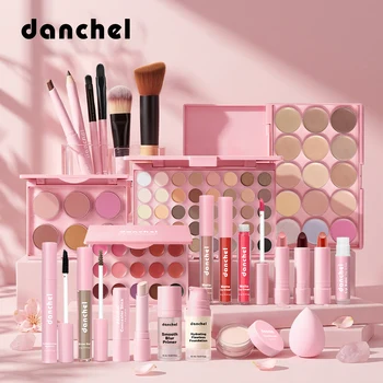 Set trucco all-in-one per viso completo: base, correttore, contorno, illuminante, palette blush, matita per sopracciglia, ombretto, kit trucco labbra
