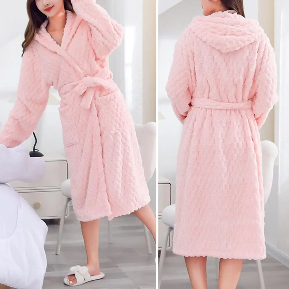 

Soft Women Nightgown Winter Plush Bathrobe Warm Cozy Women's Coral Fleece Hooded Bathrobe with Lace Up Design Long for Winter