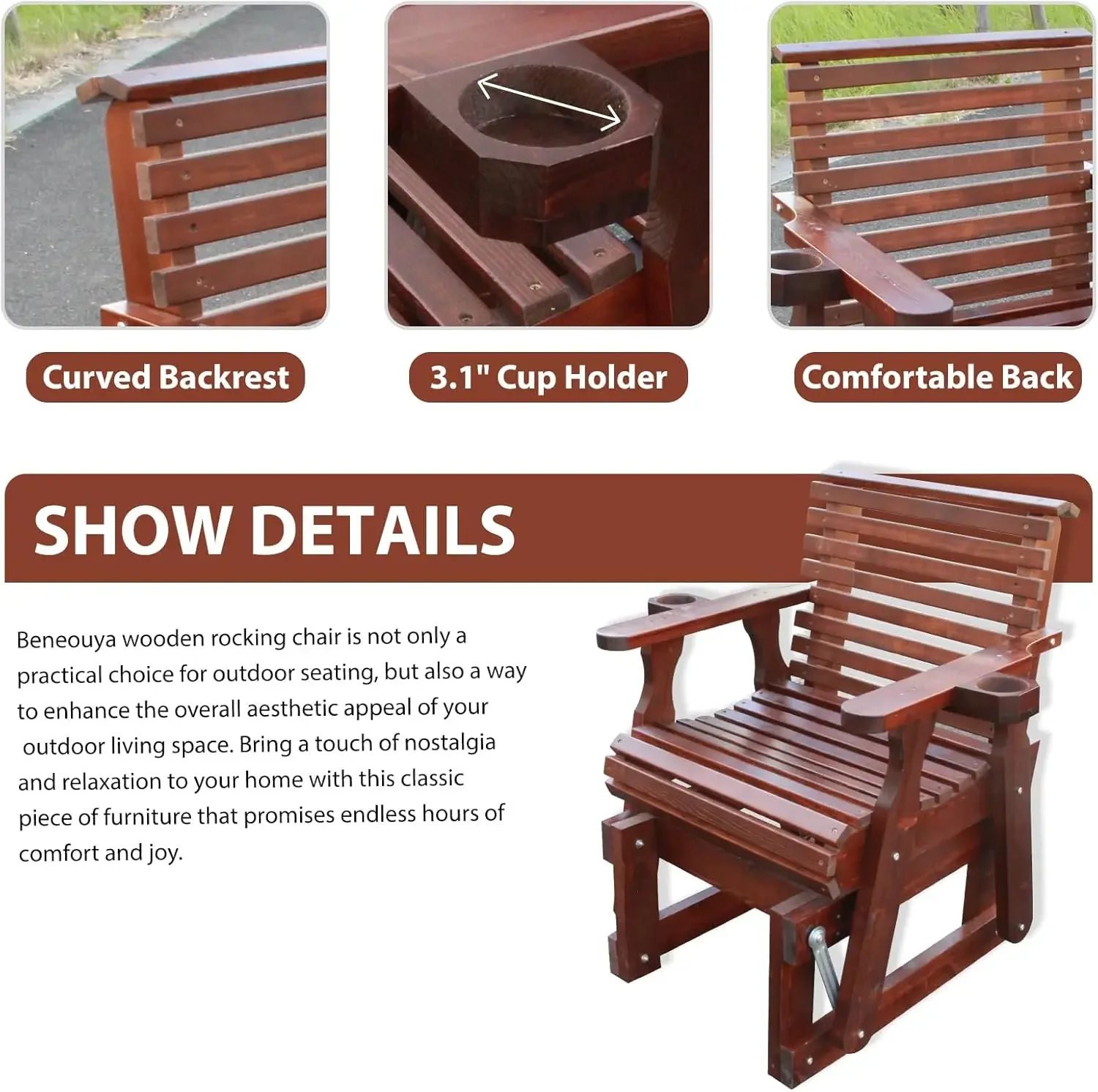 NEW-Outdoor Glider Chair, 3 Piece Wooden Glider Patio Furniture Set with Round Table, Cupholder, High Back, Dark Brown