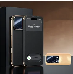 Luxurious Genuine Cowhide Leather Flip Case with Electroplated Smart Window View Cover for iPhone 18 Pro Max (Black)