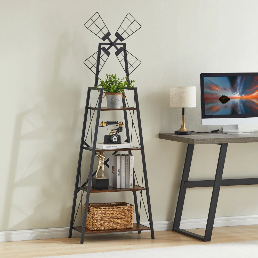 4-Tier Narrow Book Shelf, Bookcase for  Office, Living Room, Bedroom, Kitchen, Rustic Brown and Black 6