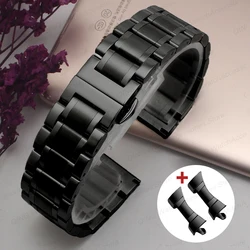 Sleek Arc Flat End Solid Stainless Steel Watchband with Butterfly Clasp Design - Universal Fit - 22mm (Black)
