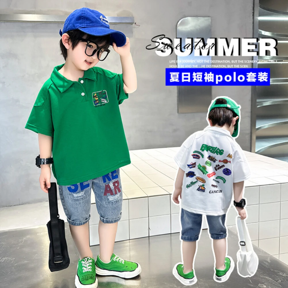 

Kids Tracksuit Teen 2-10Years Fashion Boys Clothes Sets Summer 2023 Short Sleeve POLO T-shirt+ Jeans2PCS Suits Children Clothing