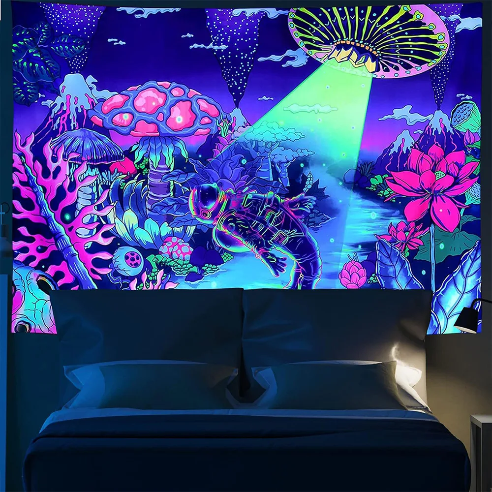 Psychedelischer Alien UV-reaktiver Wandteppich, Hippie-Astronauten-Wandbehang, Wandteppich, Gothic, Zuhause, Schlafzimmer, Hexerei, Meditation, Dekor – Detail 22