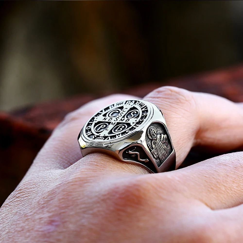 Vintage Exorcism Saint Benedict Cspb Cross Ring Men Punk Amulet Christianity Rings Stainless Steel Jewelry Gift Wholesale 5