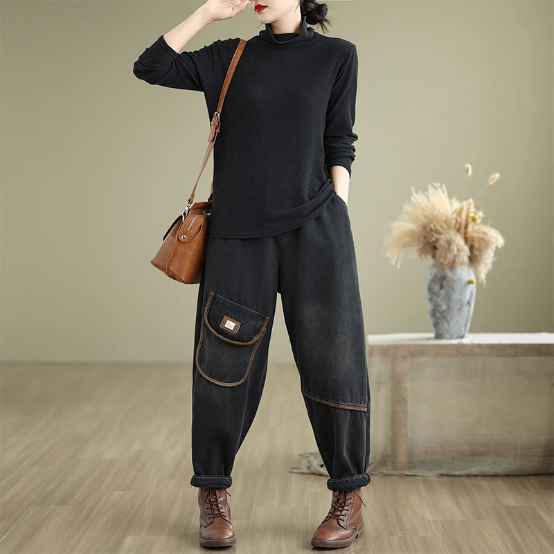 Retro Waed Fce Lined Denim Jeans Women's Loose Fit Harlan Pants Belted Casual Sle Winter Thiened Jeans