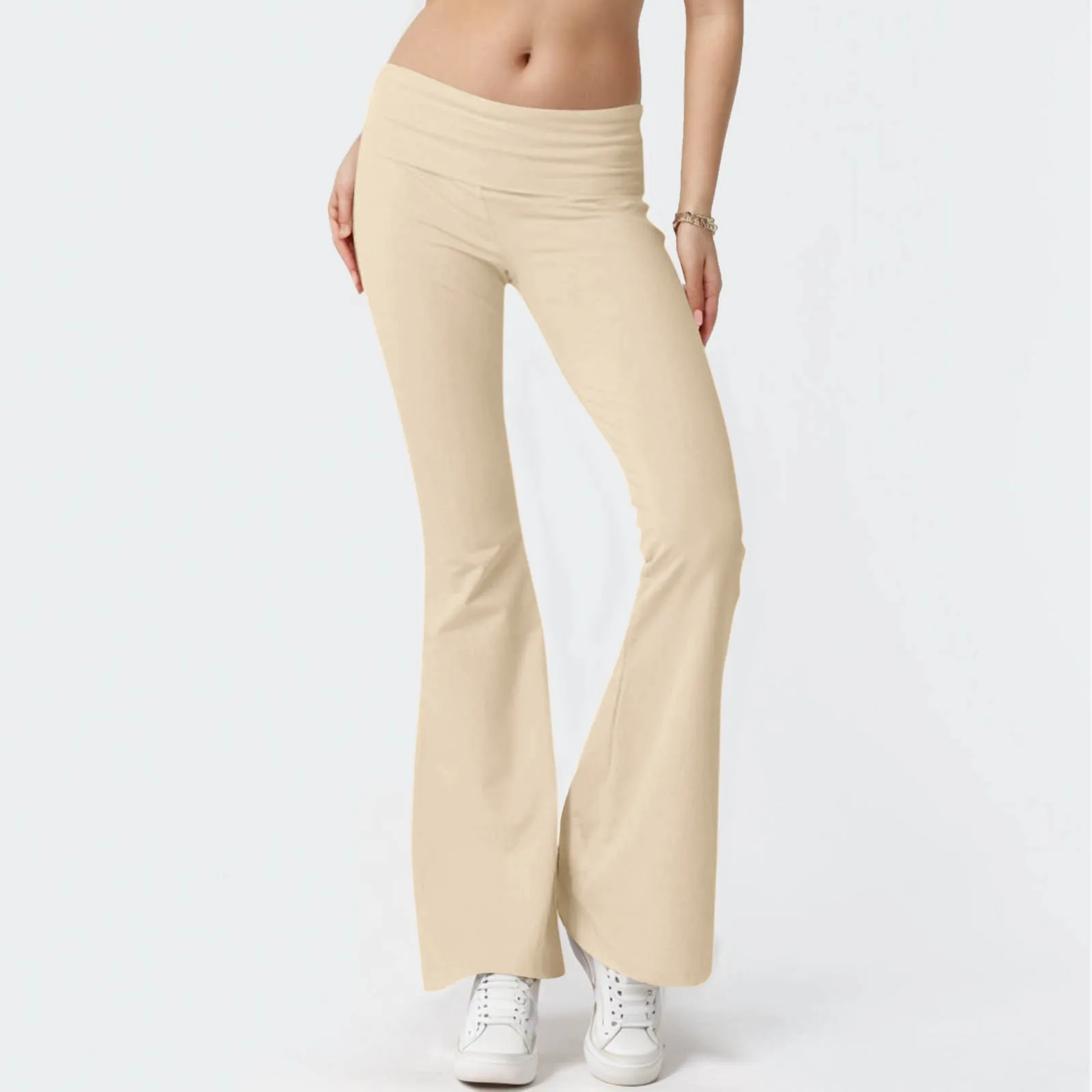 

Womens High Waist Solid Color Casual Pants Elastic Waist Slim Fit Flare Females Pants Slight Strech Floor Length Ladies Pants