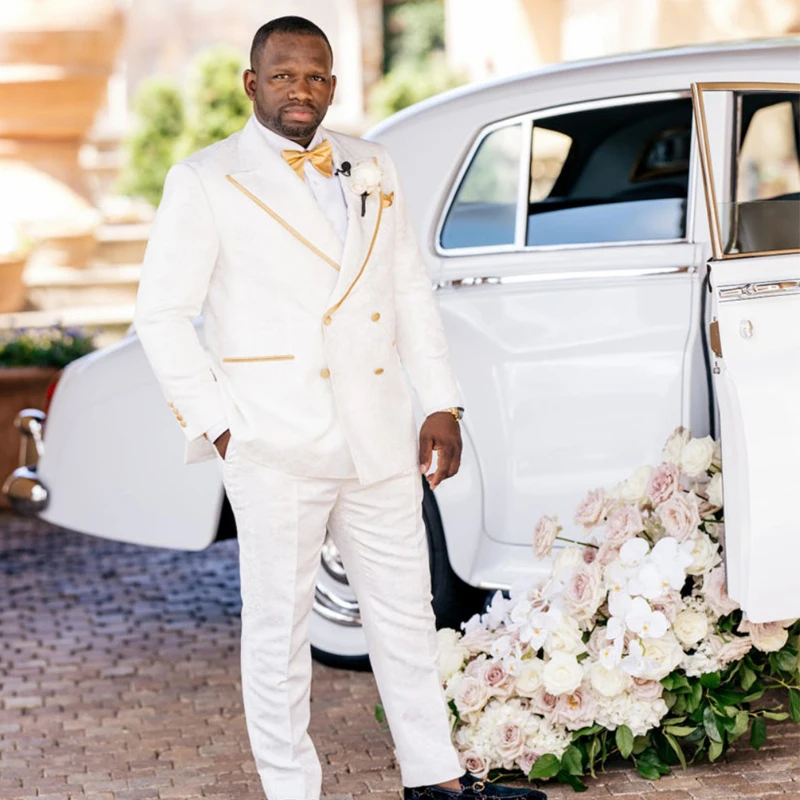

White Wedding Suits for Groom Peaked Lapel Double Breasted 2 Back Vents Plus Size Men Dress Costume Homme Marige Jacket+Pant