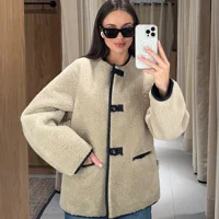 PB&ZA women's 2024 autumn and winter new fleece jacket round neck single breasted fur integrated commuting casual jacket top