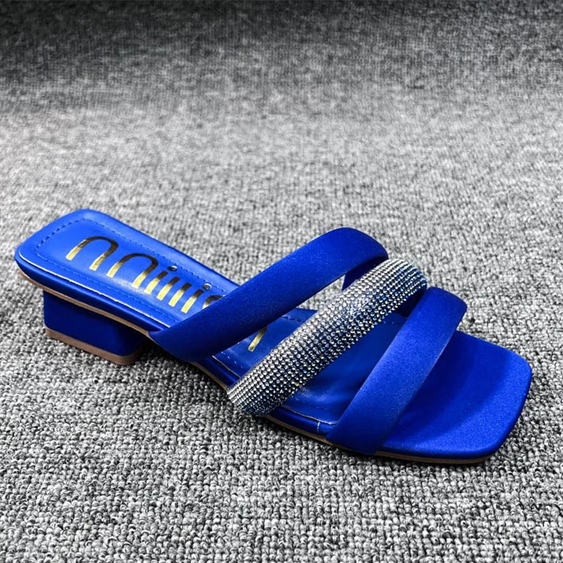 

High Heels 2023 Fashion Women Pumps Rhinestones New Summer Square Toe Ladies Sandals Slides Crystal Slippers