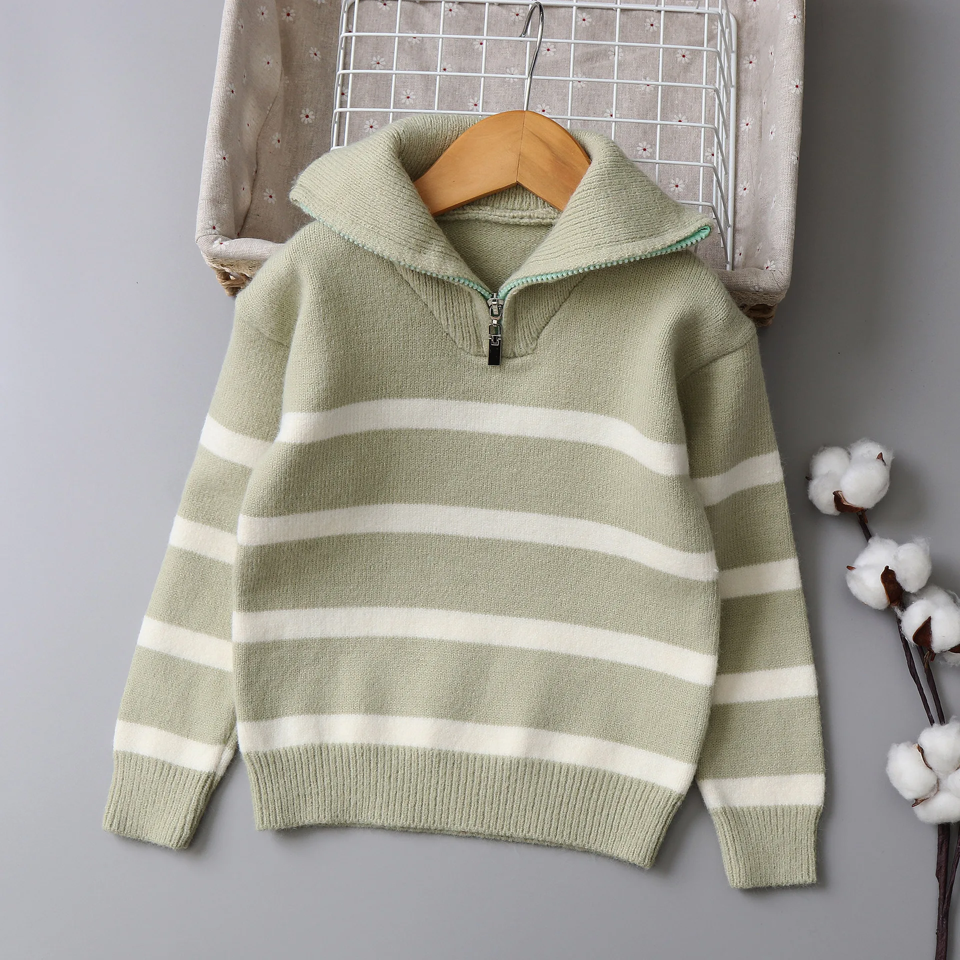 IYEAL 여아용 스웨터, 5  14 세 코튼 니트웨어, 긴 소매, 하프 지퍼, 스트라이프 코트, 겨울