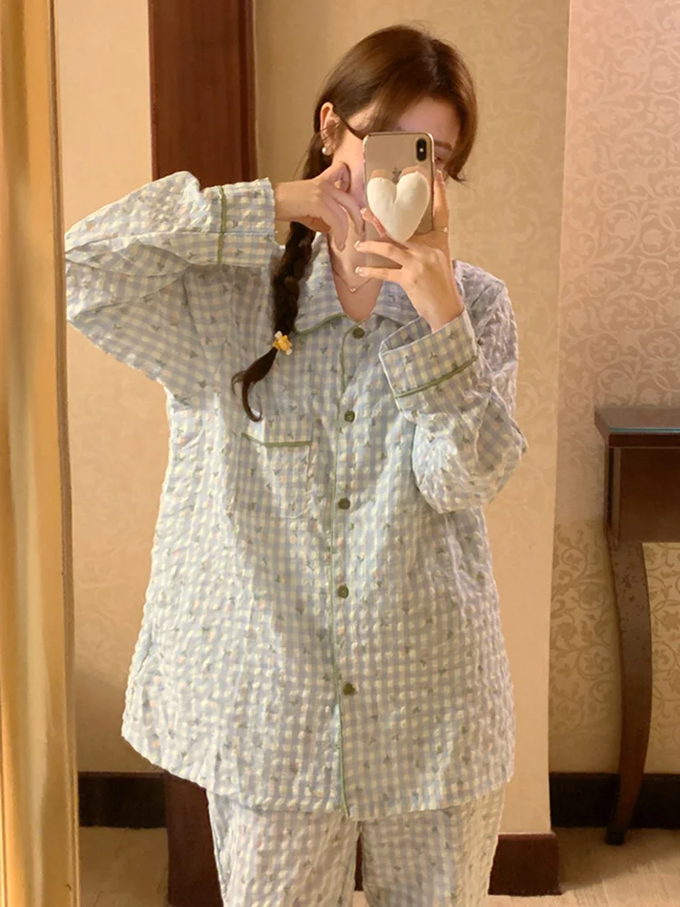 

Новинка домашняя пижама с цветочным принтом в полоску Kawaii осенний пижамный комплект с длинным рукавом Женский Повседневный свободный удобный топ для сна в Корейском стиле Ins