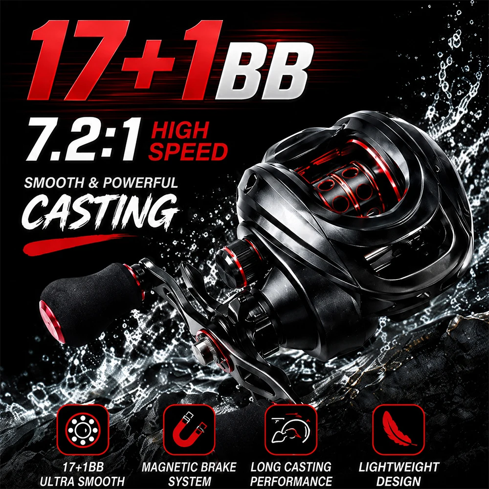 Mulinello da baitcasting ROLLFISH LK100 17+1BB 7.2:1 ad alta velocità con freno magnetico