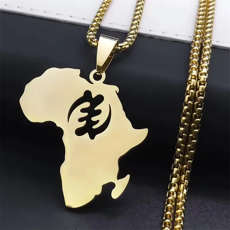 Ankh Cross Ketting Rvs Afrika Kaart Hanger Talisman Adinkra Afrikaanse Symbool Charm Sieraden Gift voor Mannen Vrouwen Tieners, Roestvrij staal, geen