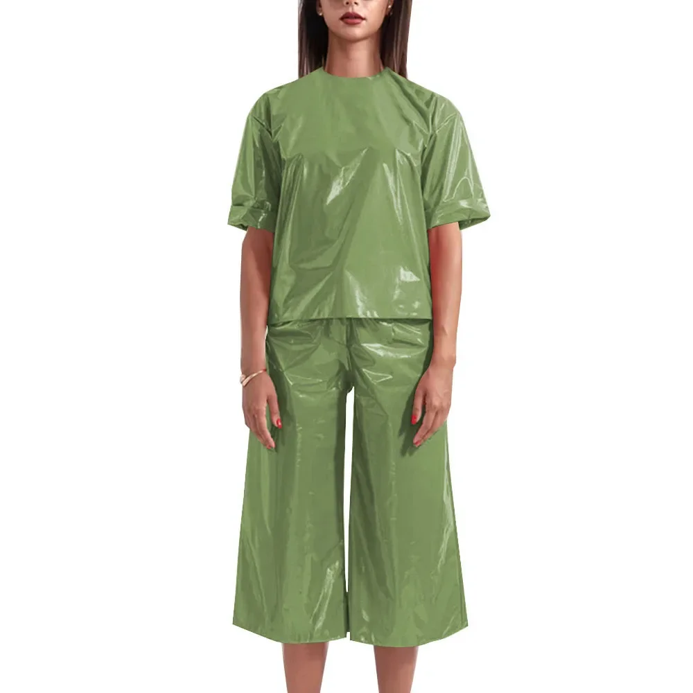 Plus Size Loose Casual PVC Leather Short Sleeve Tops Sissy Mens Stretch Slim Fit Straight-leg Pant Women Outdoor Solid Pant Sets