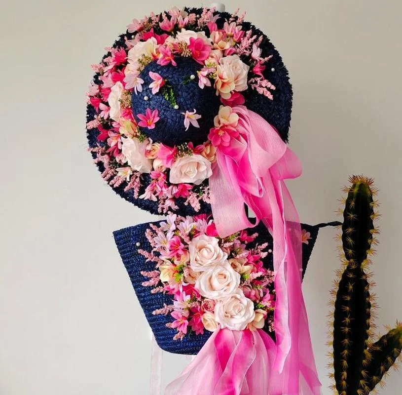 

Sunmmer Bag Straw Flower Handbag Women Fashion Handmade Weave Rattan Big Beach Bag Holiday Casual Tote with Raffia Hat 2021