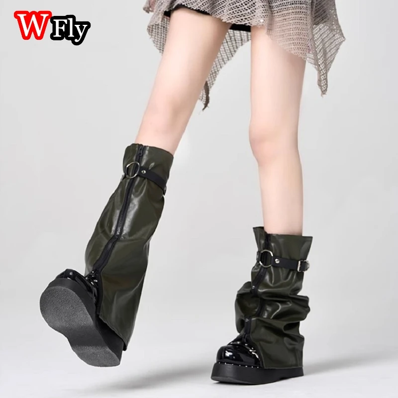 Women's Harajuku Y2K Military Green Motorcycle Wind Leg Cover Millennium Spicy Girl Subculture Dark Color Leather PU Material