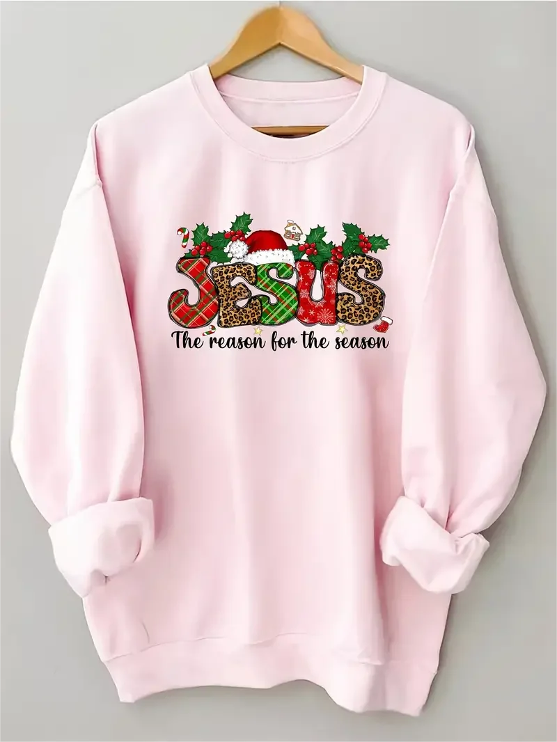 Christmas Jesus Print Sweatshirt, Casual Long Sleeve Drop Shoulder Pullover Top, Women's Clothing