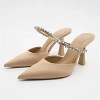 Fashionable High Heel Hollow out Women's Sandals Diamond Encrusted Slip-On Rubber Sole Comfortable Ladies Slippers