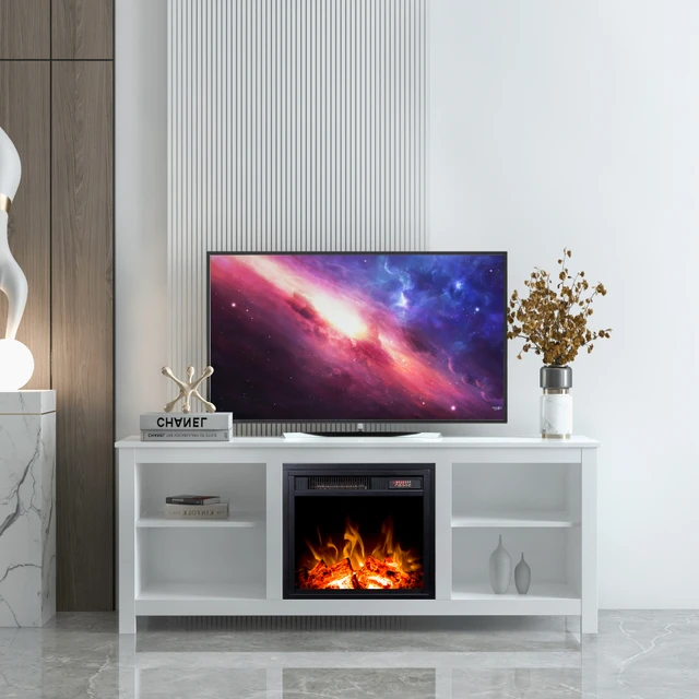 white tv cabinet electric fireplace tv console, plug-in wall heater remote  control set, living room