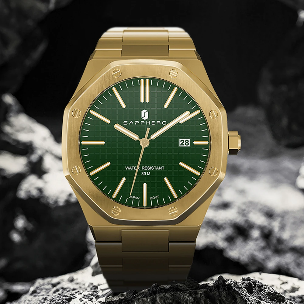 SAPPHERO Golden Mens Watch Octagon Luxury Wristwatch 30M Waterproof Stainless Steel Watch for Men Business Quartz Green Clock