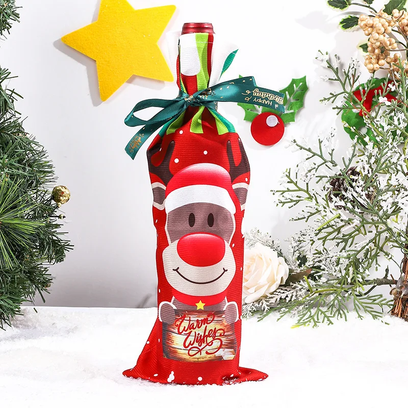 Description Picture 6 of item1 Set Christmas Wine Bottle Covers Christmas Decoration Cartoon Printed Wine Bottle Cover Merry Christmas New Year Table Decor