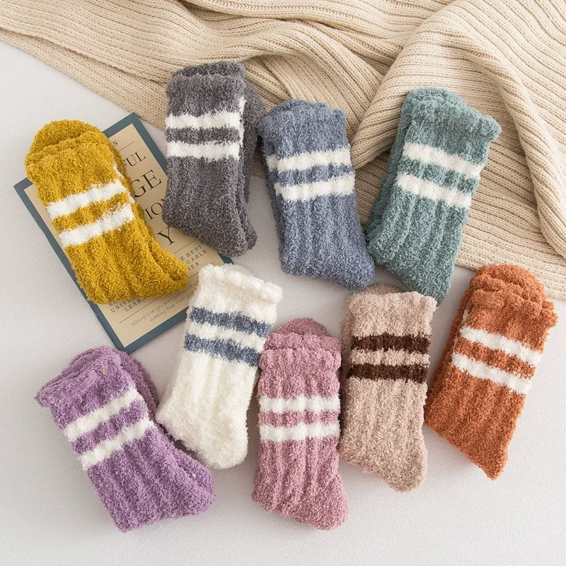 

Coral Fleece Floor Socks Autumn Winter Warm Socks Stripes Thickened Ladies Mid-tube Sleep kawaii Wholesale harajuku calcetines