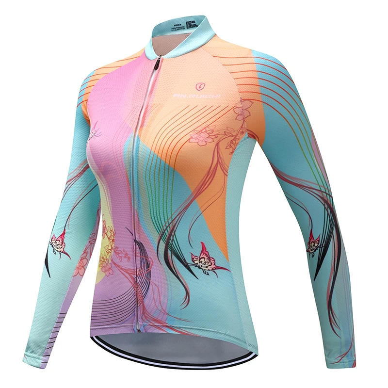 thumbnail image 1 of Maillot de ciclismo deportivo para mujer, con estampado de mariposas, transpirable, de secado rápido, de manga larga, para andar en bicicleta, servicio personalizado/al por mayor, 1 of 5