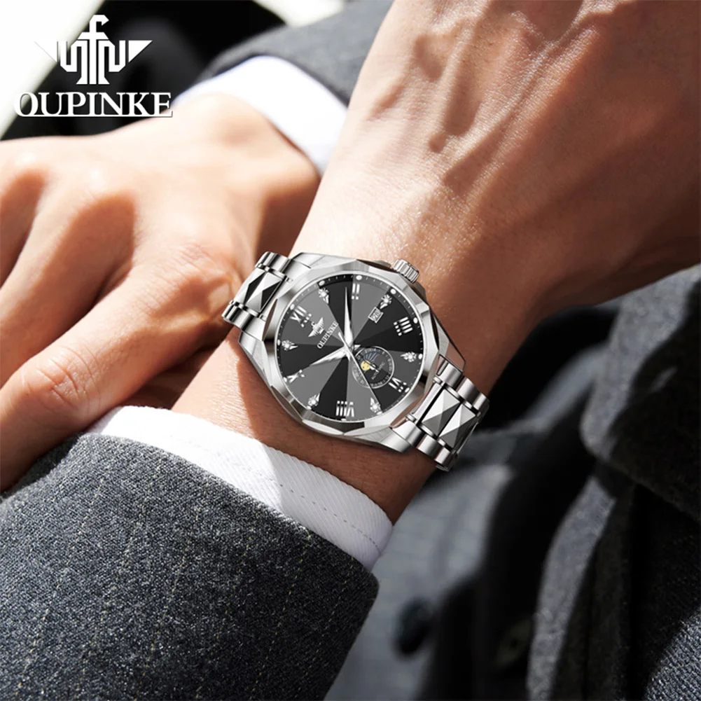 OUPINKE 3312 Automatic Men Watch Roman Scale Moon Phase Watch For Men Tungsten Steel Strap Waterproof Mechanical Male Wristwatch