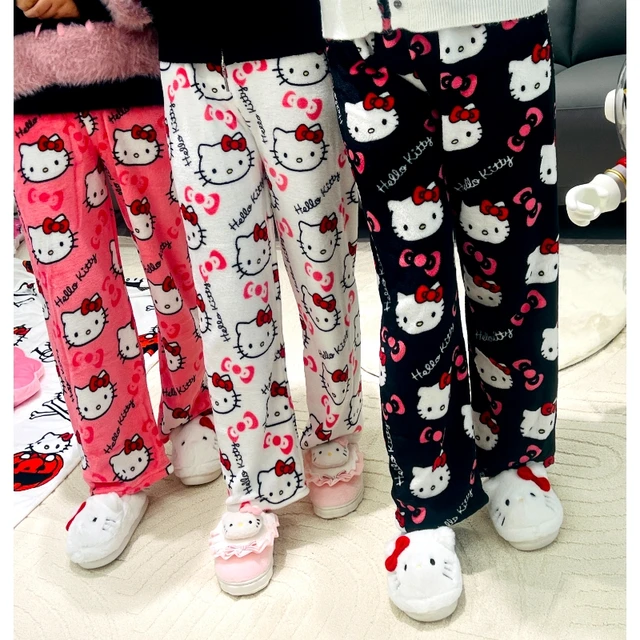 HelloKitty Pajamas Black Pink Anime Flannel Women Warm Home Pant fall  Fashion