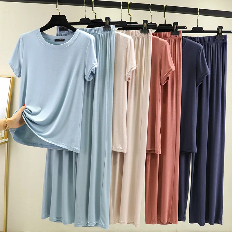 2pcs Summer Modal Homewear Pajamas set Short sleeve Tops and Trousers Solid color Casual Loose Sleepwear suit Plus size