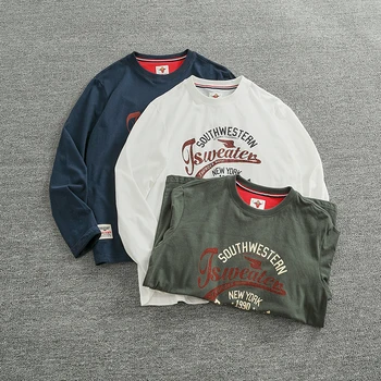 Autunno nuovo americano retrò a maniche lunghe o-collo lettera stampata t-shirt moda uomo semplice 100% cotone lavato Casual Sport top 1