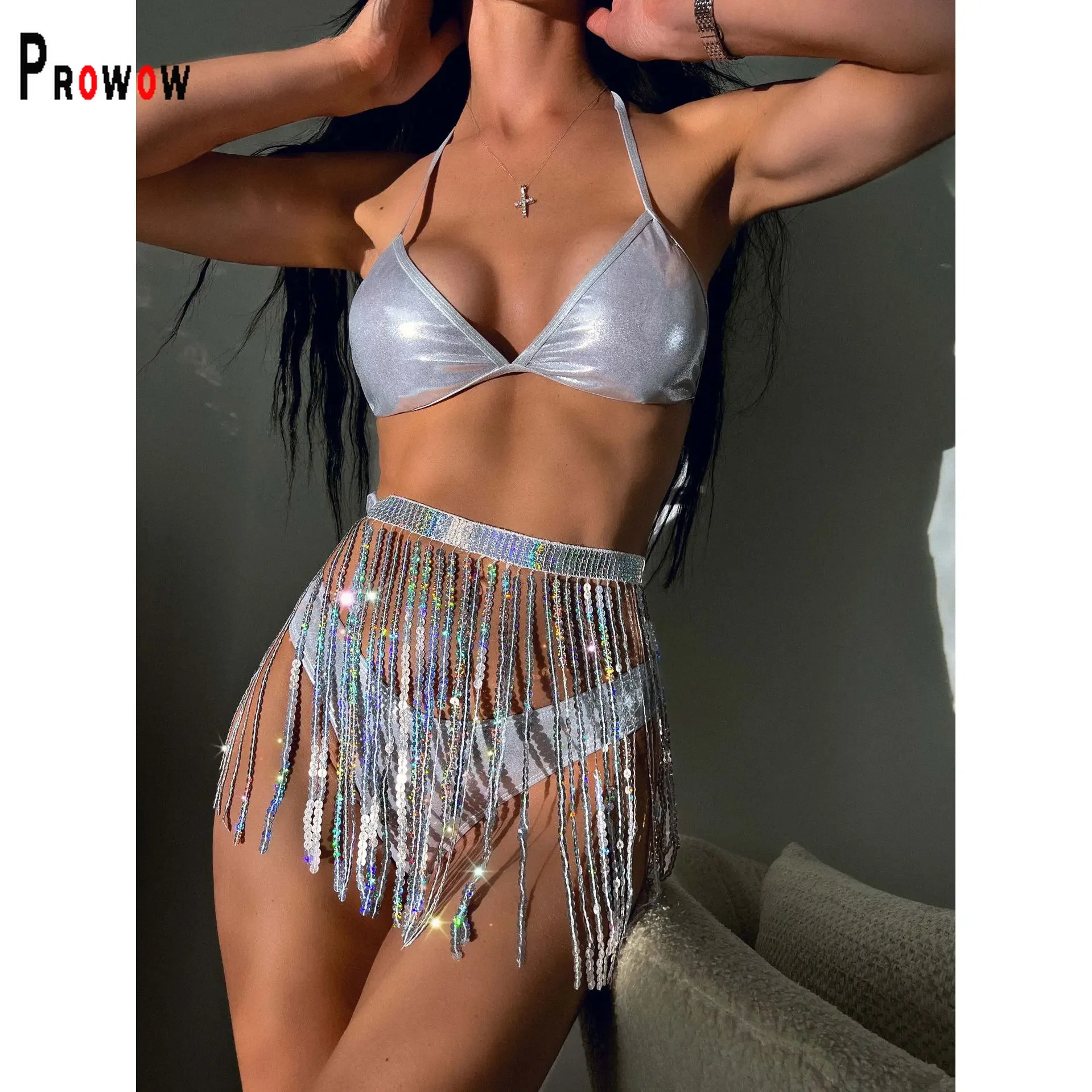 

Prowow Sexy Women Bikinis Party Wear Fashion Glitter Tassel Separate Silver Bathing Beach Outfits Summer Lace Up Lady Costumes