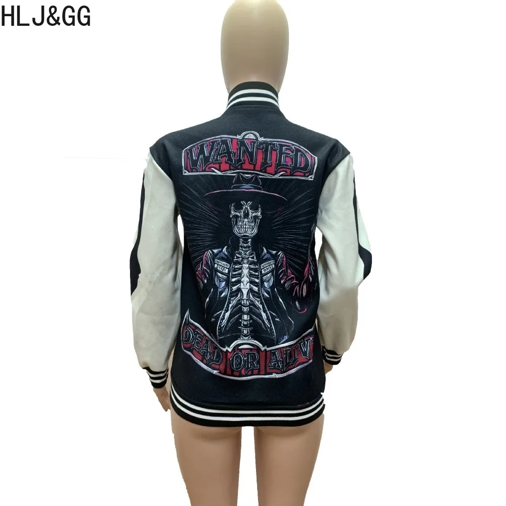 HLJ&GG Fashion Y2K Pattern Print Baseball Jacket Women Button Long Sleeve Patchwork Coats Casual Female Matching Tops Streetwear