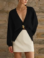 Elegant Solid V-neck Metal Buttons Women Knit Cardigan Fashion Slim Lantern Long Sleeve Sweater 2024 Autumn Female Chic Knitwear