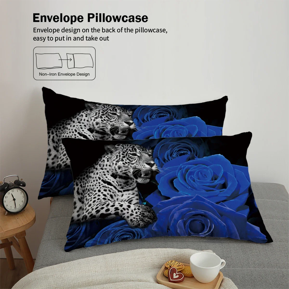 3-piece down duvet cover with modern leopard blue rose pattern print (1 duvet cover+2 pillowcases, no core) bedding set
