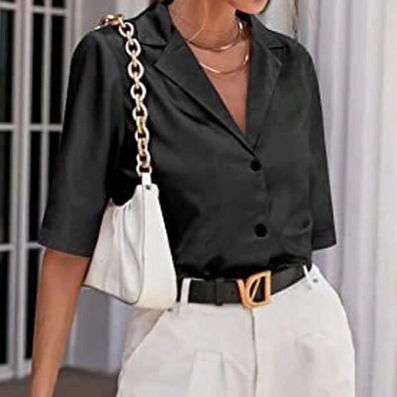 

2023 Summer Casual Top Short Sleeve Notched Satin Shirt Women Elegant Office Fashion Button Loose Casual White Silk Blouse 19935