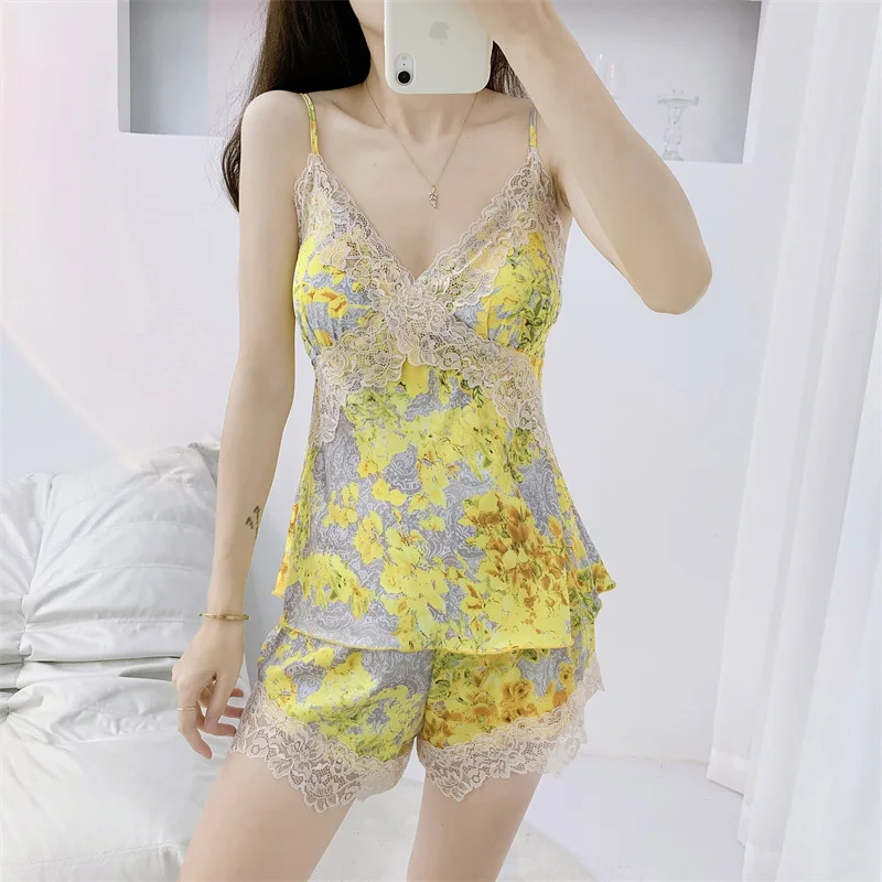 

2023 New Summer Cami&shorts Lace Patchwork Nightwear Women 2Pcs Pajamas Suit Sexy Sleeveless Lingerie Mini Pyjamas Loungewear